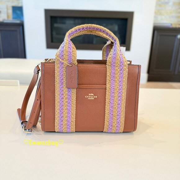 Coach CBG91 Smith Tote Bag 24 Pebble Leather & Straw Webbing Redwood Multi